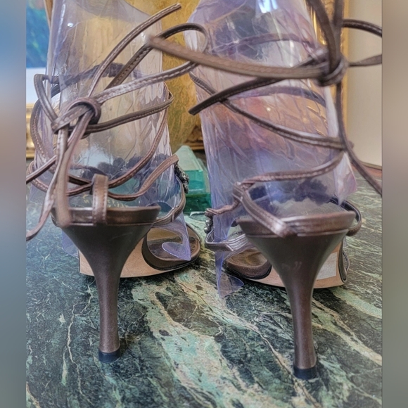$350 STUART WEITZMAN BRONZE LEATHER PINK CRYSTAL JEWELED HIGH HEEL SANDALS 9.5 - Picture 7 of 8